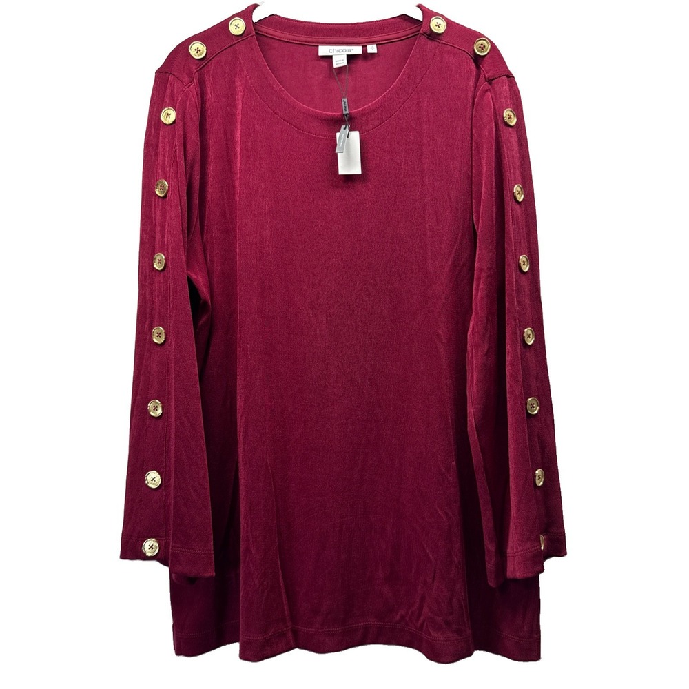 Chicos Women's Top Sz L Tunic Red Gold Buttons Long Sleeve Pullover Travel NWT